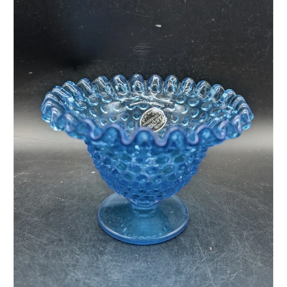 Kanawha Blue Hobnail Glass Compote Dish Ruffled Rim Pedestal Base Vintage MCM